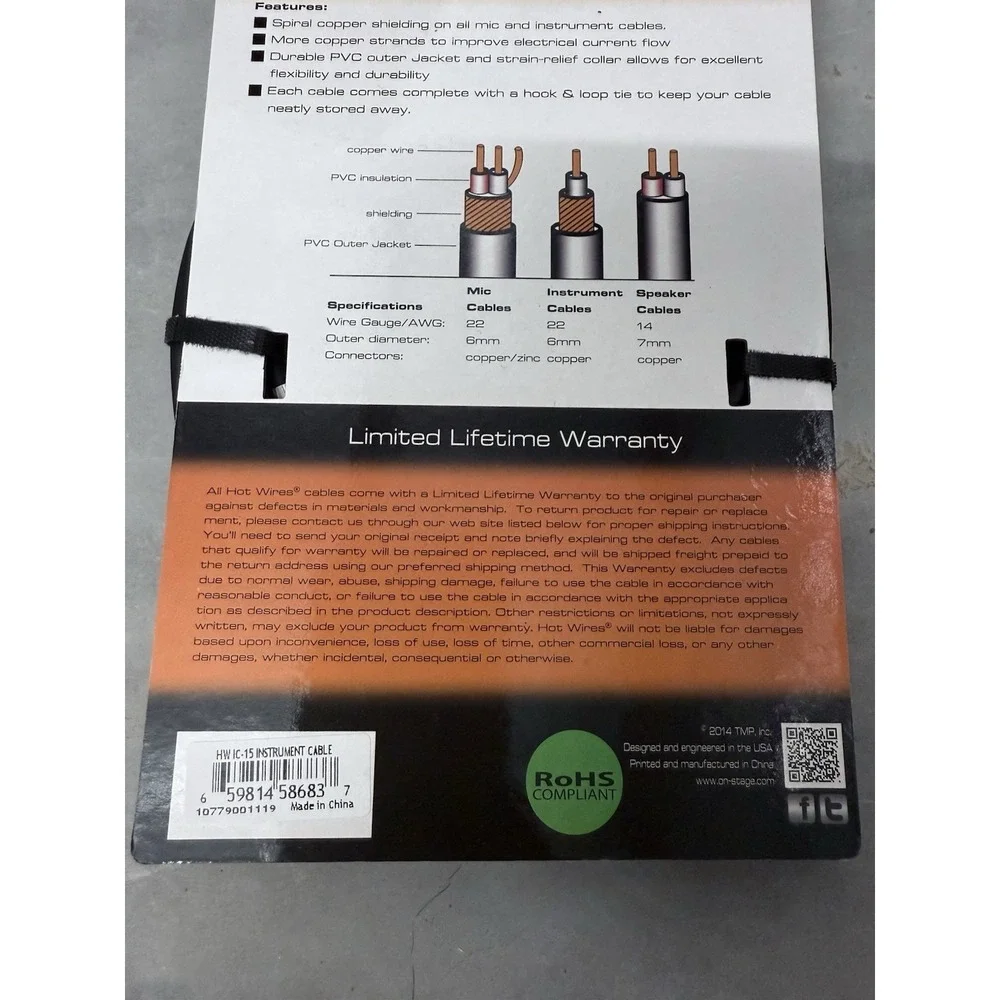 On-Stage Hot Wires HW IC-15 15ft Instrument Cable 1/4